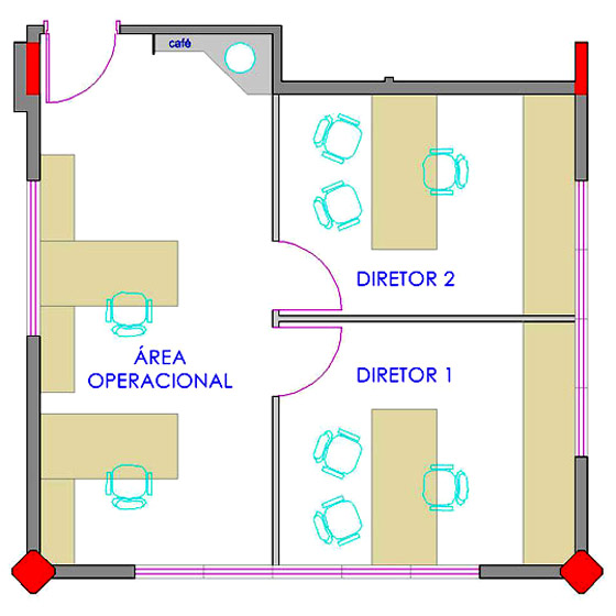 Sugestão de layout para escritório com 2 sócios e área operacional no Ed. Up Work